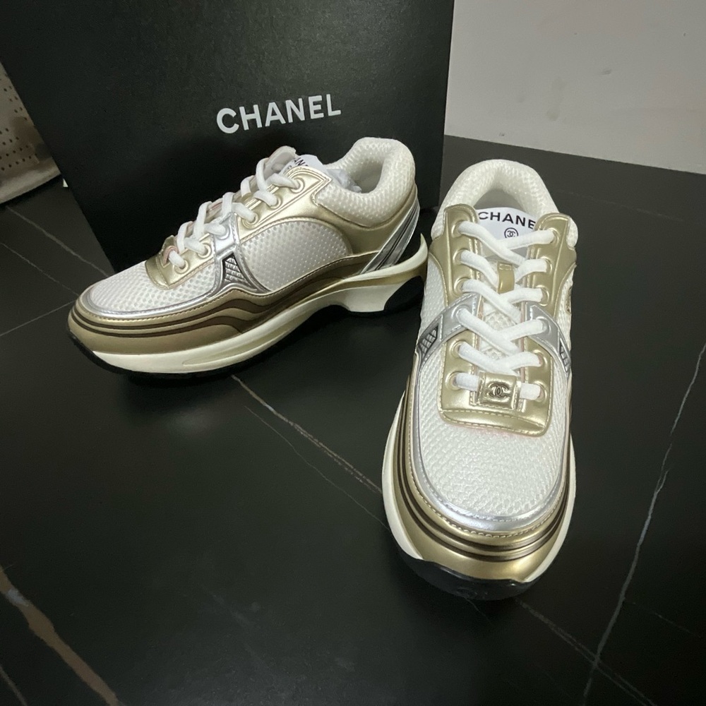 Chanel Women's Gold & White Mesh Low-Top Sneakers